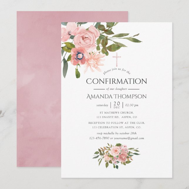 Invitation Confirmation Fleurie Rose Pâle et Or Rose (Devant / Derrière)