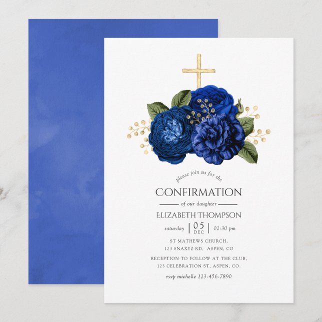 Invitation Confirmation florale bleu royal et or (Devant / Derrière)