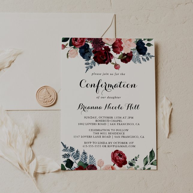 Invitation Confirmation florale de la marine rose de Bourgogn (Créateur téléchargé)