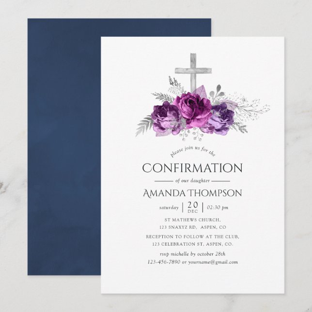 Invitation Confirmation florale de la prune et de la marine (Devant / Derrière)