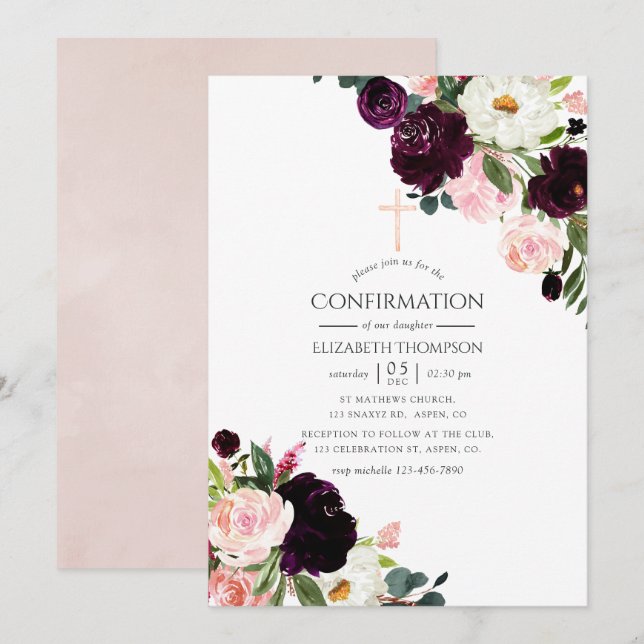 Invitation Confirmation florale de prune de Bourgogne et de r (Devant / Derrière)