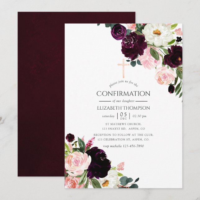 Invitation Confirmation florale de prune de Bourgogne et de r (Devant / Derrière)