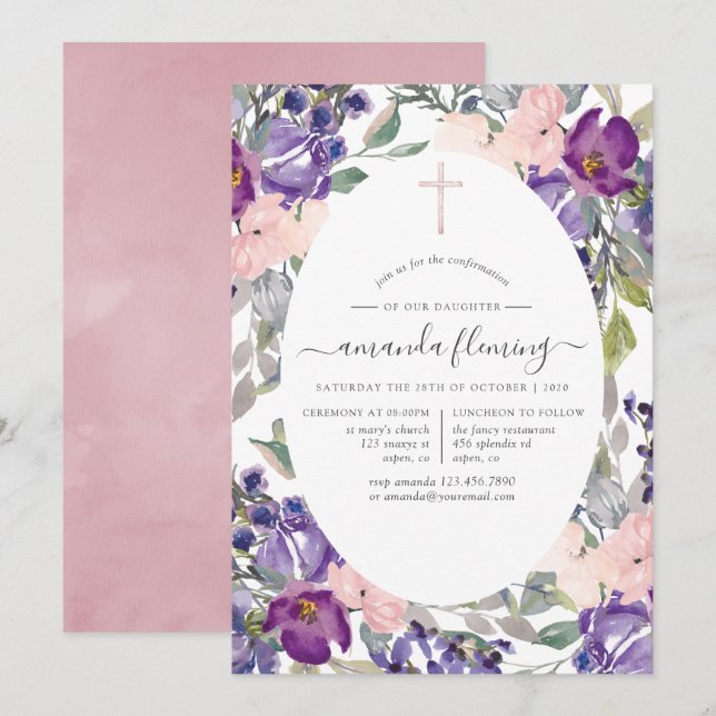 Invitation Confirmation florale de prune et de rose pâle (Devant / Derrière)