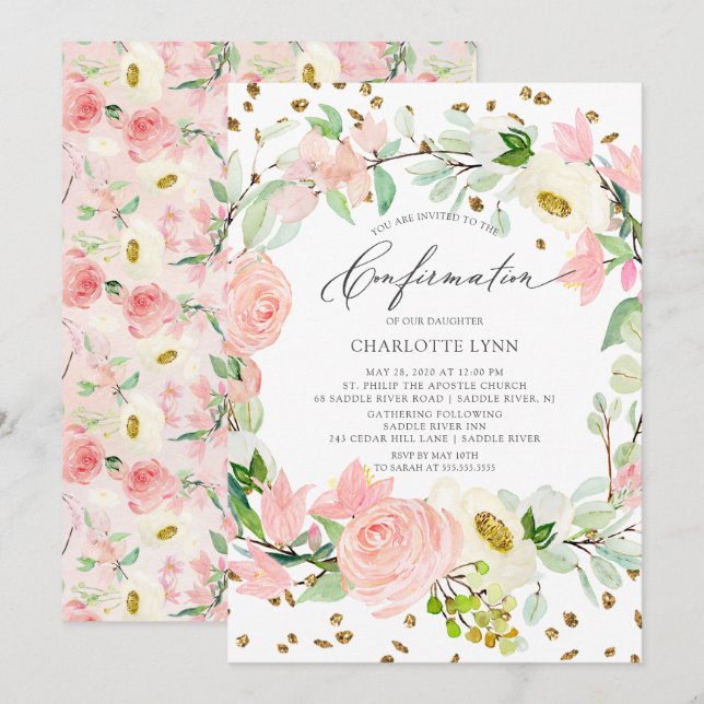 Invitation Confirmation florale d'élégante couleur rose pâle (Devant / Derrière)
