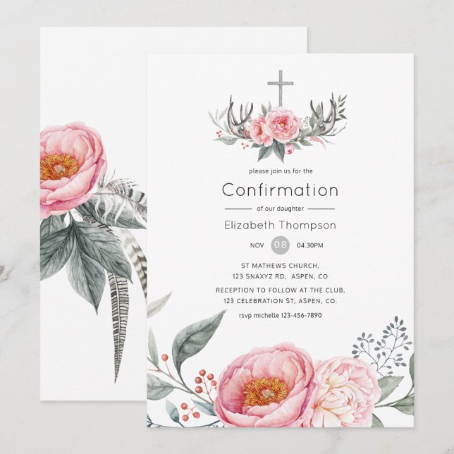 Invitation Confirmation florale Pastel Pink and Grey Boho (Devant / Derrière)