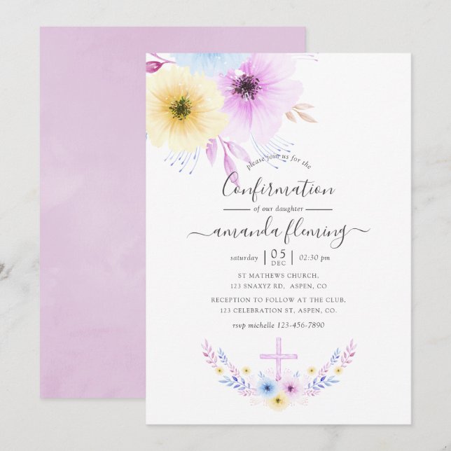 Invitation Confirmation florale Pastel rose et bleu (Devant / Derrière)