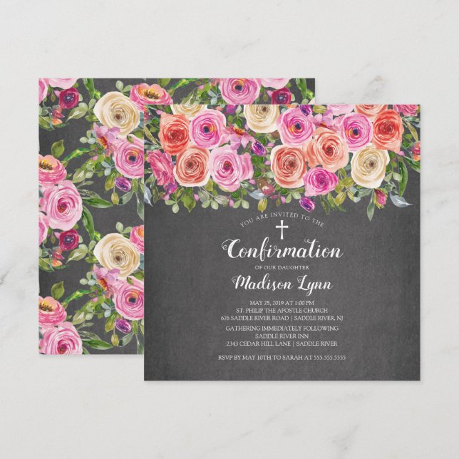 Invitation Confirmation florale rose Chalkboard moderne (Devant / Derrière)