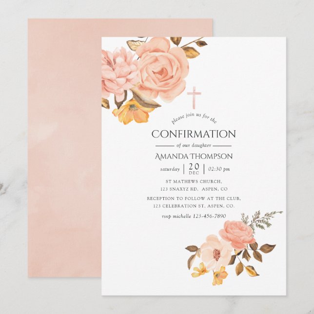 Invitation Confirmation florale rose et or (Devant / Derrière)