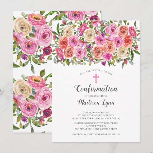 Invitation Confirmation florale rose moderne (Devant / Derrière)