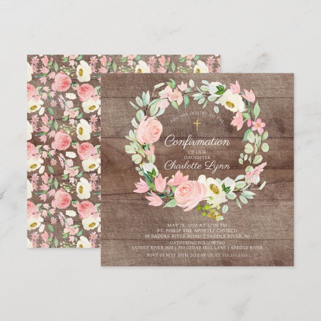Invitation Confirmation florale Rustique chic rose (Devant / Derrière)