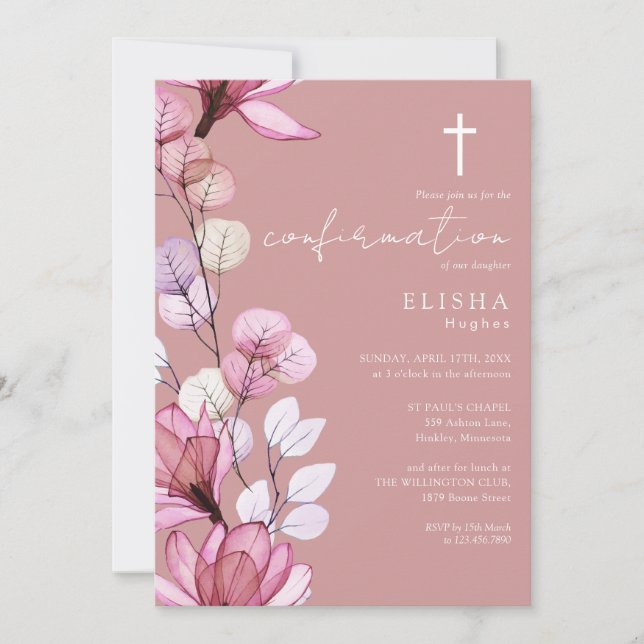 Invitation Confirmation florale transparente de Dusty Rose (Devant)