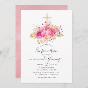 Invitation Confirmation florale tropicale rose et or