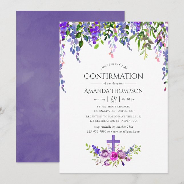Invitation Confirmation florale ultra violette (Devant / Derrière)