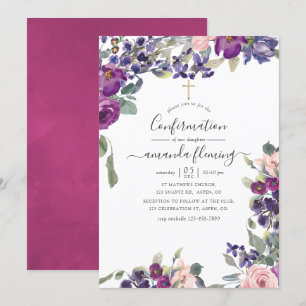 Invitation Confirmation florale violet, prune et blush