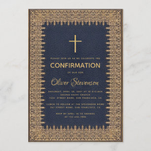 Invitation Confirmation Garçon Croix Vintage bleue