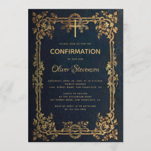 Invitation Confirmation Garçon Feuilles d'or bleu & Croix Vin