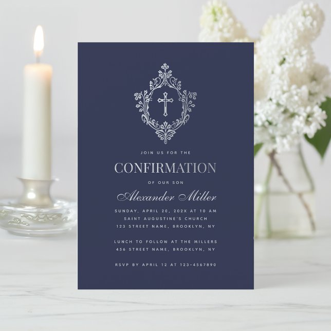 Invitation Confirmation Garçon Marine Blue Faux Silver Crest  (Créateur téléchargé)