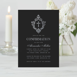 Invitation Confirmation Garçon Noir Vintage Faux Argent Crest