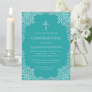 Invitation Confirmation Garçon Turquoise Faux Argent Feuilles