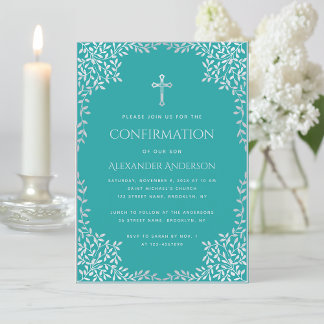 Invitation Confirmation Garçon Turquoise Faux Argent Feuilles
