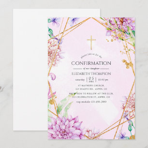 Invitation Confirmation géométrique florale violet et or