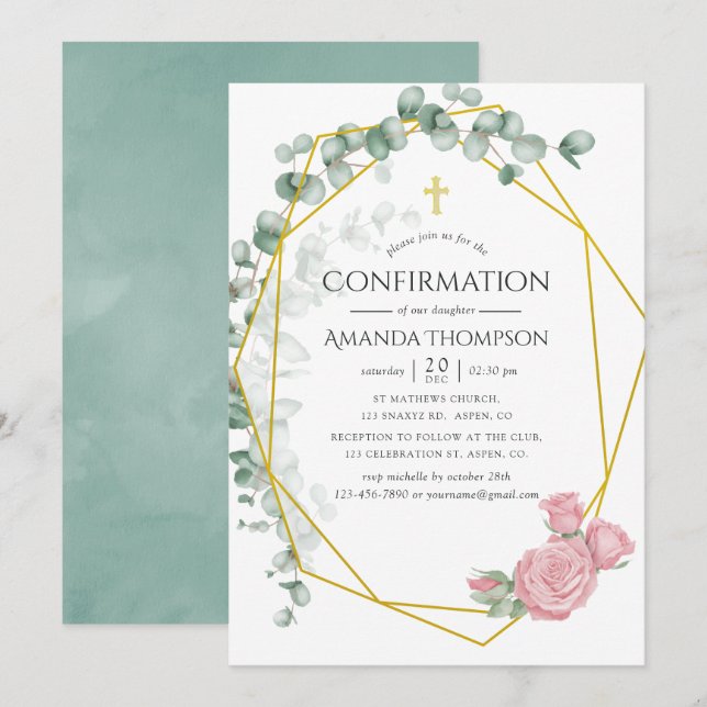 Invitation Confirmation géométrique Rose Eucalyptus (Devant / Derrière)