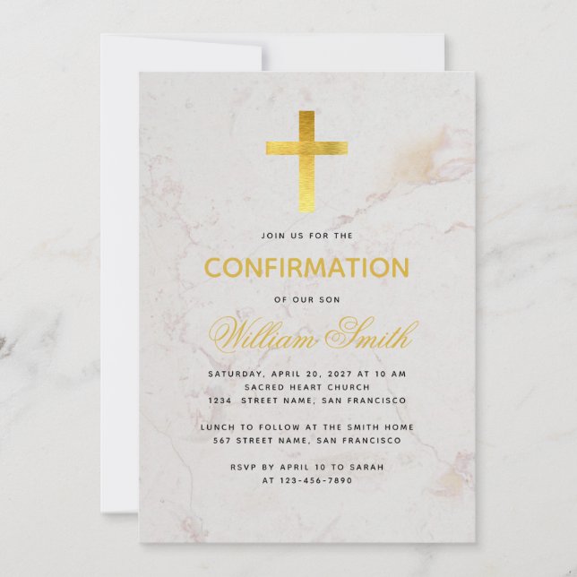 Invitation Confirmation Gold Cross Marble Calligraphie Simple (Devant)