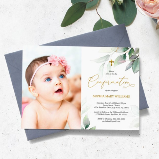 Invitation Confirmation Green Eucalyptus & Gold Photo Girl (Créateur téléchargé)