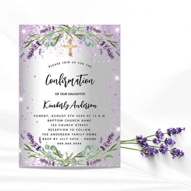 Invitation Confirmation lavande argent violet pétillant fille (Créateur téléchargé)