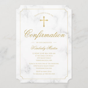 Invitation Confirmation Marble Elegant Gold Cross Script Girl