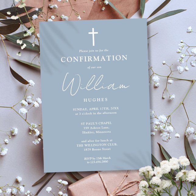 Invitation Confirmation minimaliste moderne bleu poussiéreux (Dusty Blue Modern Minimalist Confirmation Invitation)