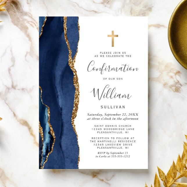 Invitation Confirmation Pailletée d'Or et Agate Bleu Marine (Créateur téléchargé)