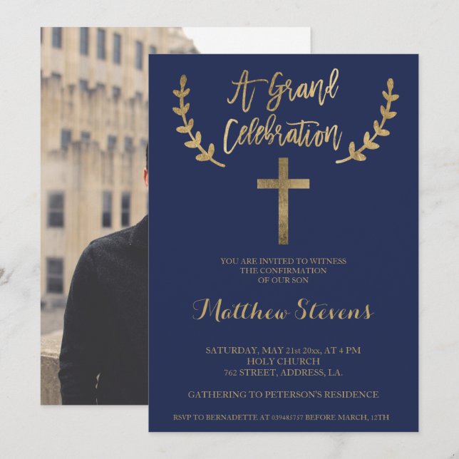 Invitation Confirmation photo de la typographie bleue de la m (Devant / Derrière)