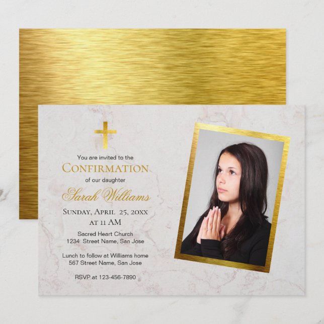 Invitation Confirmation Photo Marbre Faux Gold Foil Script (Devant / Derrière)