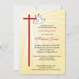 Invitation Confirmation pour fils Croix Colombe Rayons Dorés