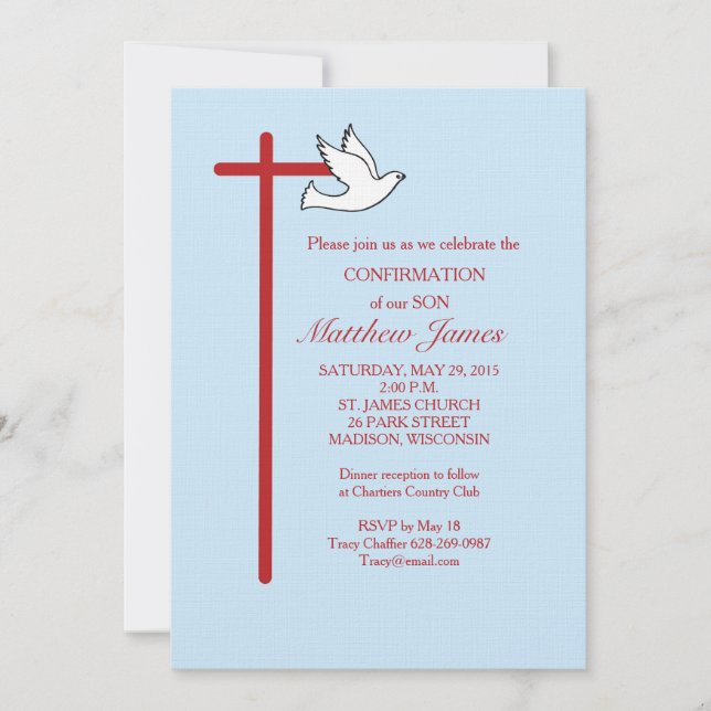 Invitation Confirmation pour le Fils avec Croix et Dove Bleu (Devant)