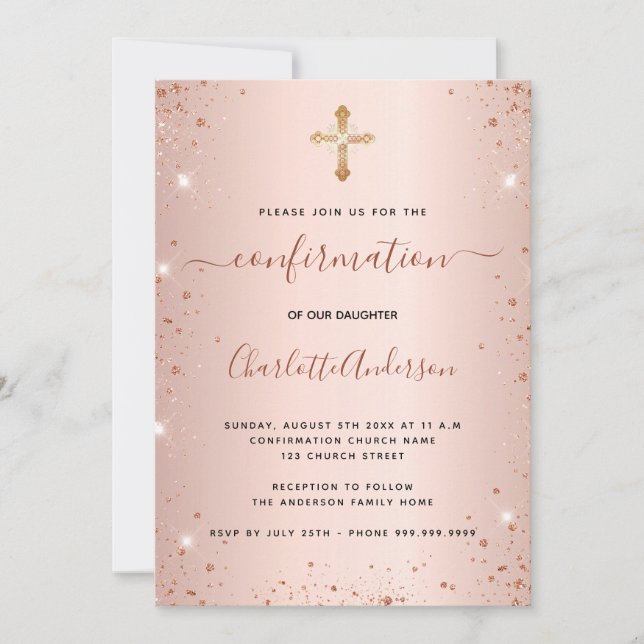 Invitation Confirmation rose or parties scintillant fille de  (Devant)