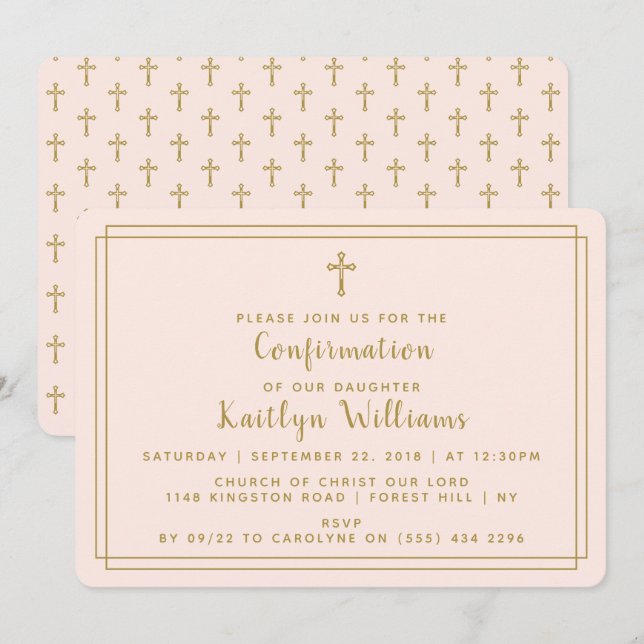 Invitation Confirmation simple Gold & Blush Pink Holy Cross (Devant / Derrière)
