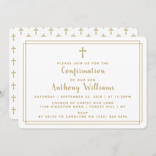 Invitation Confirmation simple Gold & White Holy Cross (Devant / Derrière)