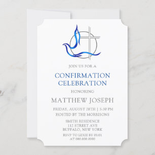 Invitation Confirmation trendy Blue and Grey Cross Dove