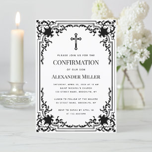 Invitation Confirmation Vintage Noir et Blanc Croix Religieus