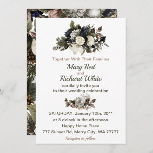 Invitation Conifer Floral Magnolia Peony Rose Mariage