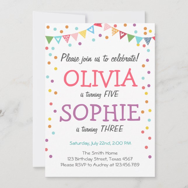 Invitation Conjoint jumeau fête d'anniversaire confetti (Devant)