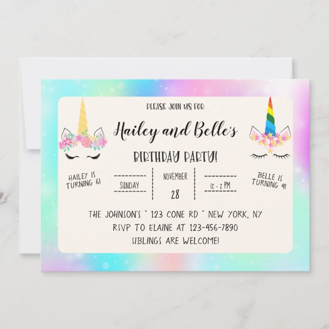 Invitation conjointe à l'anniversaire de la licorn (Devant)