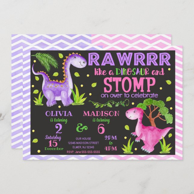 Invitation conjointe d'anniversaire de Dinosaur po (Devant / Derrière)