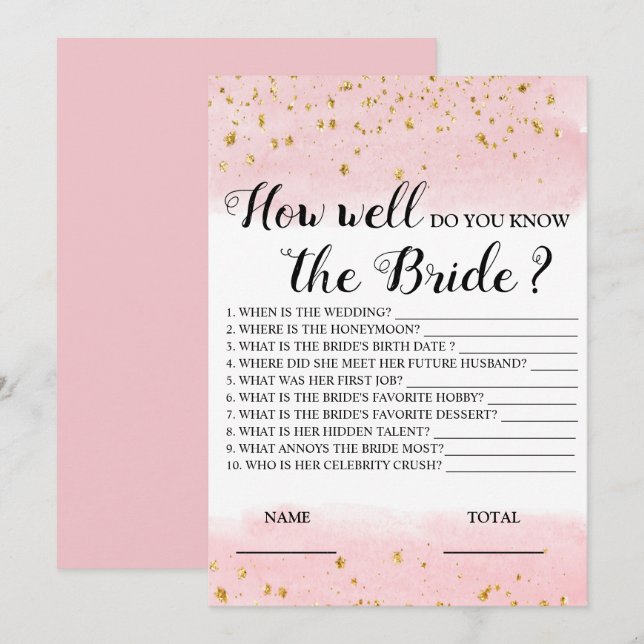 Invitation Connaissez-vous bien le jeu de la mariée rose (Devant / Derrière)