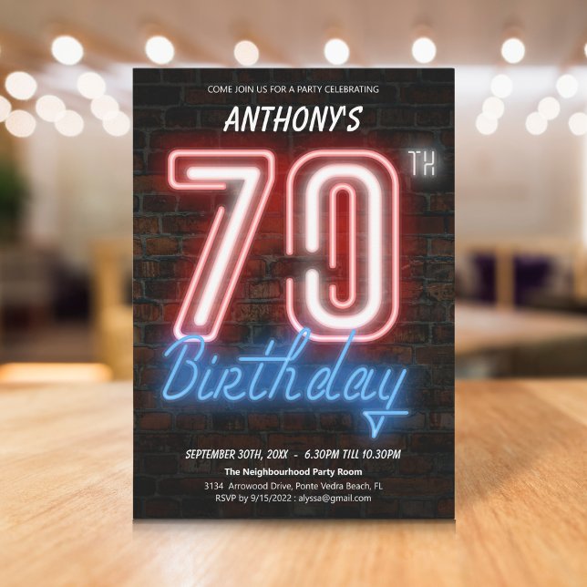 Invitation Connexion Neon Retro 70e anniversaire de fête Invi (Neon Sign Retro 70th Birthday Party Invitation)