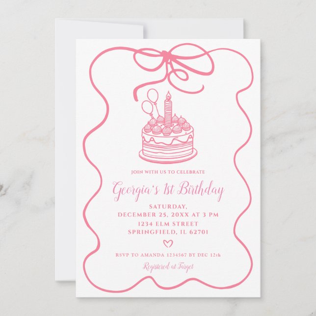 Invitation Conquette manuscrite rose Bow Girl's 1er anniversa (Devant)