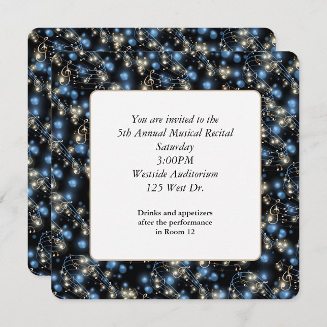 Invitation Considérant Notes musicales et lumières de fête (Devant / Derrière)