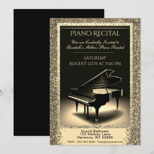 Invitation Considérant piano avec Parties scintillant or sur 